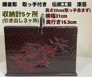 鎌倉彫　取っ手付き　伝統工芸　漆芸　アクセサリー　ジュエリーケース　小物入れ　裁縫箱　アンティーク　レトロ　送料無料(宅急便)