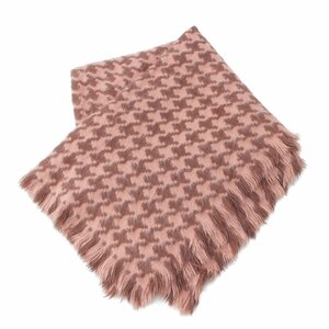 【イッセイミヤケ ハート】ISSEY MIYAKE Haat ハウンドトゥース チェック フリンジ ストール 千鳥 ピンク【中古】201262