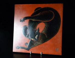 大正浪漫　在銘作　漆芸　漆黒蒔絵　眼は螺鈿象嵌　黒猫のタンゴ　洋館から取り外された飾り板