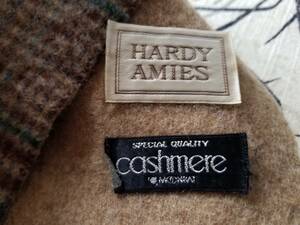 HARDY AMIES cashmere MOONBAT カシミア ムーンバット 80s 90s ビンテージ オールド 日本製 毛 ウール ベージュ チェック柄 マフラー 中古