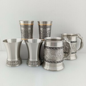 422 MALAYSIA PENANG PEWTER ペナンピューター 錫97% タンブラー グラス ジョッキ カップ セット まとめて 錫製 酒器 マレーシア