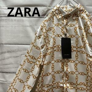 新品 ZARA 総柄シャツ チェーン柄 スカーフ柄 タグ付き ポリシャツ 白 金