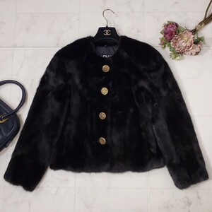 美品*最高級毛皮★エンバ EMBA★美麗デザイン★金ボタン*MINK★リアルファー★ノーカラーファーコート ブラック 〜SIZE11 L相当〜