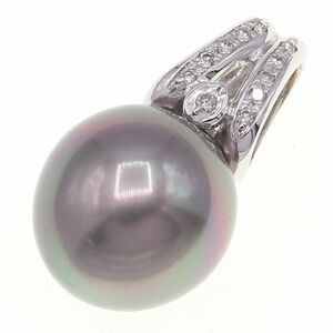 ブラックパール ダイヤモンド ペンダントトップ BP14mm D0.11ct K18 WG 中古 ネックレス アクセサリー