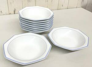 アンティーク テーブルウェア ＊NORITAKE ノリタケ 1990年代 八角 スープ皿 中鉢 サラダ皿 9客 ブルーライン 白磁 陶器 陶芸 ヴィンテージ