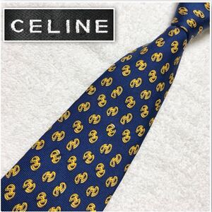 ■美品■CELINE セリーヌ　ネクタイ　ホースビット金具　総柄　シルク100% スペイン製　ネイビー×イエロー　ビジネス　幅広