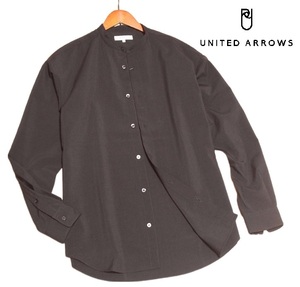 新品! ユナイテッドアローズ 美光沢 バンドカラー 長袖 シャツ ダークグレー (M) ☆ UNITED ARROWS メンズ リラックスシルエット 濃茶 ★