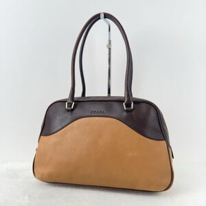 1円〜★PRADA プラダ ハンドバッグ ミニボストン 肩掛け ロゴ トートバッグ 南京錠付き ライトブラウン レザー 本革 ブラウン 茶色