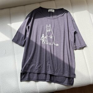 yq240330チュニック Tシャツ プリントムーミン一柄 大人可愛 ゆったり オシャレ フリーサイズ ナチュラル 綿100％コットン 灰ブルー