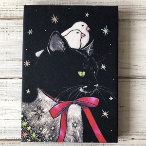 星月猫★アート「タキ リボン先に」猫 猫絵画　SM 複製画　木製パネル貼り　22.7cmｘ15.8cm　厚み２㎝「001」