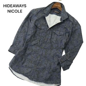 HIDEAWAYS NICOLE ハイダウェイ ニコル 【花 フラワー 総柄】 襟ワイヤー 7分袖 シャンブレー ツイル シャツ Sz.46　メンズ　A4T05832_5#A