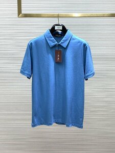 Loro Piana　ロロピアーナ メンズ ニットポロシャツ 半袖Tシャツ トップス カットソー ブルー Lサイズ 紳士服 夏物 綿 無地 カノコ