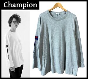 送料無料 G② Champion チャンピオン C3-L415 袖 ロゴ プリント 天竺 オフショルダー 長袖 Tシャツ カットソー ロンT グレー L