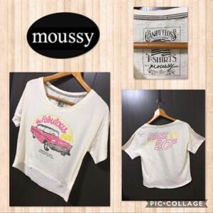 ◆moussy マウジー 半袖カットソー Tシャツ アメカジ 胸元ビンテージ 加工　ゆったり　丈短め　薄手リブ付き　ゆったり Fサイズ 美品