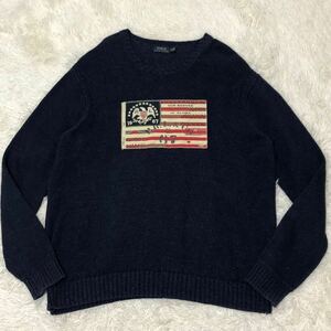 ★XXLサイズ・超希少★Polo by Ralph Lauren ポロラルフローレン セーター ニット ネイビー 星条旗柄 アメリカンフラッグ 紺色 定番 