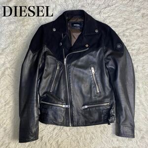 【美品】DIESEL ディーゼル　ダブルライダースジャケット　M スエード切り替え　ブラック 黒　レザージャケット　本革　ゴートレザー