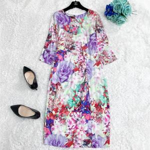 新品同様★エスカーダ ESCADA★美麗フラワープリント★伸縮性◎*Ellna Fantasy Floral Dress★七分袖ワンピース 〜SIZE36 M相当〜