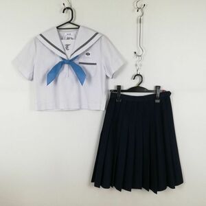 1円 セーラー服 スカート スカーフ 上下3点セット 160A 夏物 グレー1本線 女子 学生服 兵庫姫路高丘中学 白 制服 中古 ランク:C NA2192