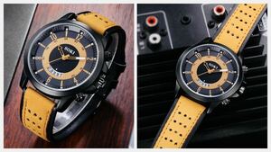 腕時計　時計　日付　ツートン アナログ メンズ クォーツ 高品質 レザー ベルト　革　カレンダー　オシャレ ウォッチ ブラックイエロー　2