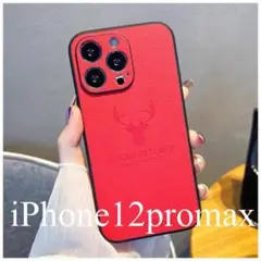 レッド iPhone12promaxケース鹿ロゴ赤PUレザー合皮メンズレディース