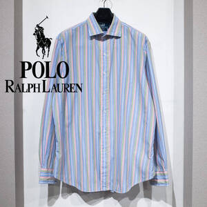 16 L / 90s POLO by RALPH LAUREN ラルフローレン リージェント クラシックフィット コットンシャツ ストライプ 青 ピンク 緑 ロゴ無し