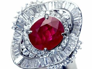 1円～【ジュエリー極】鑑付 美しい濃厚レッドカラー！天然ルビー2.97ct＆天然ダイヤモンド1.56ct 超高級Pt900リング a1388ix【送料無料】