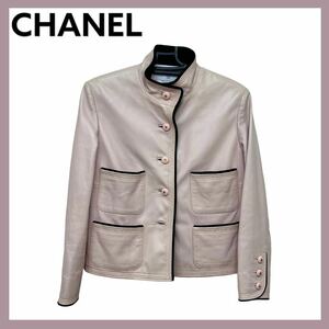 高級 CHANEL シャネル 31741 ヴィンテージ オールド AGNEAU ラムレザー 裏地シルク ココボタン 裾チェーン レザージャケット