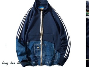 ★COOL！ブリーチ ダメージ デニム ジャージ ジャケット ルーズ スウェット 変形 ヴィンテージ 大きいサイズ M〜2XL オーバーサイズ★684