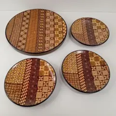 天然木製 箱根 寄木細工 揃い大皿１枚＋小皿３枚 インレイ・象嵌 取り皿・銘々皿