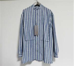 送料無料 新品 E.TAUTZ COLLAR LESS LINEMAN SHIRT XXS イートウツ カラーレス ラインマン シャツ ストライプ バンドカラー マオカラー