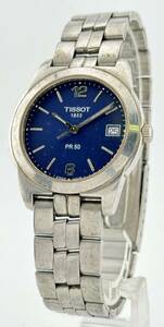 「ティソ　1円～」　「TISSOT」　J376/476　デイト　ラウンド　青文字盤　腕時計　クォーツ　メンズ　E10391