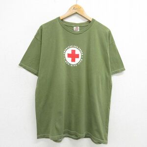 XL/古着 フルーツオブザルーム 半袖 ビンテージ Tシャツ メンズ 00s 赤十字 レッド 大きいサイズ コットン クルーネック 緑系 グリーン 24j