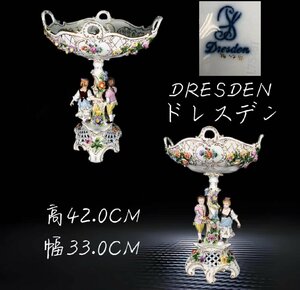 Z077D DRESDEN ドレスデン 透かし彫りの高肉彫刻バラの花文果皿 手浮彫人物文 菓子皿 菓子器 盛器 和食器 西洋美術