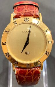 【5SM伊■12010F】★1円スタート★腕時計★GUCCI★グッチ★3000M★ゴールド文字盤★QZ★クオーツ★ラウンドフェイス★2針★純正ベルト★