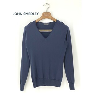 A9535/極美品 春夏 JOHN SMEDLEY ジョンスメドレー ウール 無地 Vネック 長袖 ニット リブ セーター M 濃紺 英国製 イギリス製 メンズ