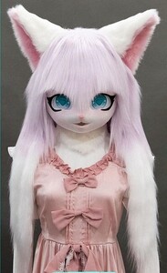 着ぐるみヘッド 猫 薄い紫 全頭ヘッド ケモノ マスク ファースーツ ぬいぐるみ コスプレ コスチューム