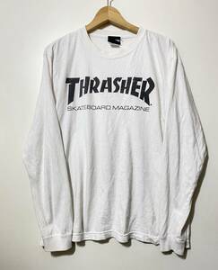 ★ THRASHER スラッシャー ロングスリーブトップス 長袖 コットン クルーネック ロンT 白 ホワイト ロゴプリント L リブ袖 スケーター