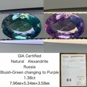 アレキサンドライト 1.38ct GIA宝石鑑別書付き Russia Bluish-Green changing to Purple 7.96×5.34×3.58 ルース 1663Y