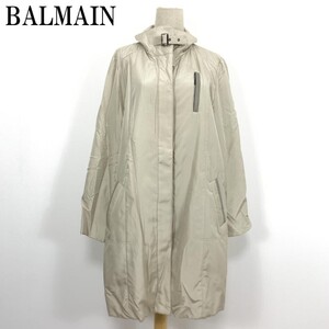 LA4556 BALMAIN バルマン シルク100％ ロングコート ネックベルト ジップアップジャンパー ハイネックベージュM