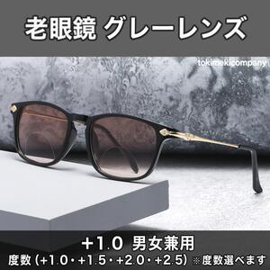 老眼鏡 ＋1.0 40代 ブルーライトカット UVカット サングラス グレーレンズ リーディンググラス メンズ レディス スクエアー 軽量 黒灰金