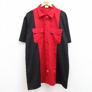 XL/古着 ディッキーズ Dickies 半袖 ワーク シャツ メンズ ツートンカラー 大きいサイズ ロング丈 黒他 ブラック 24apr03 中古 トップ