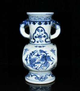 ▽鴻▽ 明 宣德年製款 青花 雙鳳紋 雙耳瓶 古陶瓷品 置物 古賞物 中国古玩 中国古美術