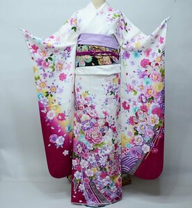 振袖 正絹 着物 単品 仕立て上がり 百花繚乱 金刺繍 白色×赤紫 成人式 結納 結婚式 新品（株）安田屋 NO39579