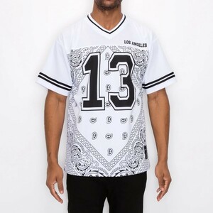 BH41)VICTORIOUS バンダナ柄 Vネックフットボールジャージシャツ/WHITE/3XL/USサイズ/FJ13/ウエッサイ/ローライダー