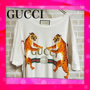 美品 GUCCI ヴィンテージ加工 Tシャツ タイガー トラ虎 ロゴ グッチホワイト