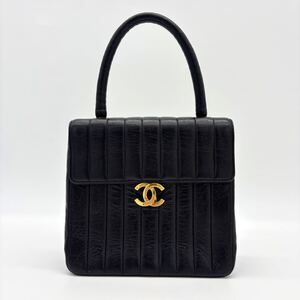 CHANEL シャネル ハンドバッグ マドモアゼル ストライプ レザー ミニバッグ ココマーク ゴールド金具 トップハンドル 黒 ブラック