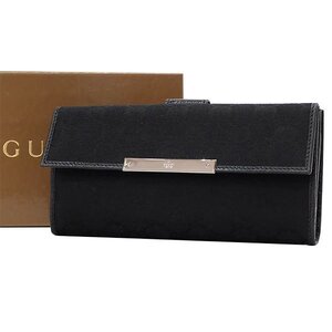 【送料無料】【本物】美品★GUCCI★グッチ★両面長財布★112715★ブラック★GGキャンバス×ピグスキン★レディース★グッチロゴプレート★