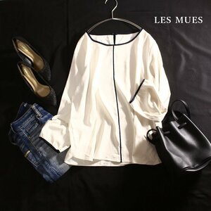 美品 LES MUES 青木 春 夏 シンプル パイピング ジャージ―シフォン 長袖 プルオーバー カットソー ブラウス L オフホワイト 白 ビジネス