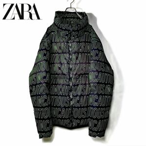 【希少・美品】★ZARA/ザラ★総柄ダウンジャケット パフジャケット★中綿 ビッグシルエット オーバーサイズ sizeL 黒 ブラック 文字 蛍光