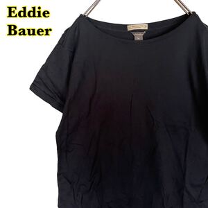 Eddie Bauer エディーバウアー　半袖Tシャツ　無地　黒　袖ロールアップ　レディース　PLサイズ　【AY1290】